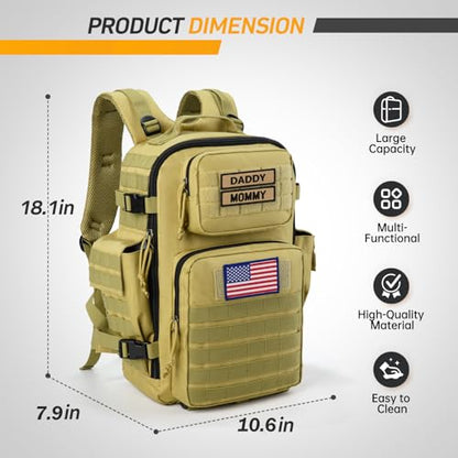 SHARKMOUTH Military Diaper Bag for Dad - Insulated Baby Diaper Backpack with Patches for Hiking Travel Camping - Baby Shower Gifts Tan - color: Tan