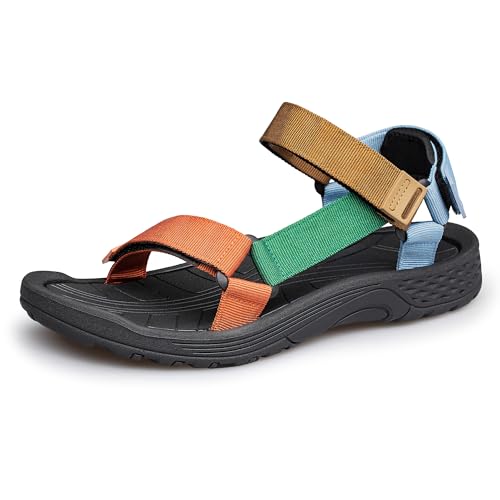 vibdiv Mens Sport Sandals Hiking Open Toe Non Slip Athletic Sandals Casual Comfortable Outdoor Wading Beach Shoes - color: Orange Green Multi, size: 8.5
