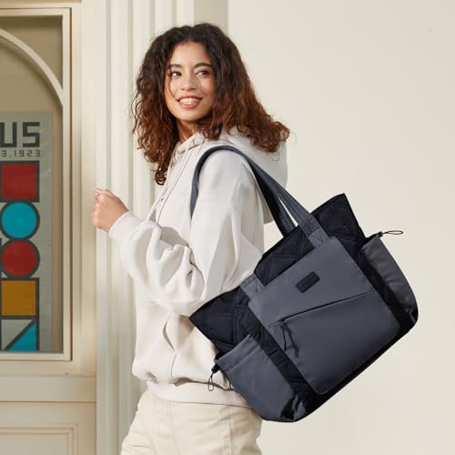 LOVEVOOK Tote Bag for Women, puffer tote bag for Work Travel Nurse, Lightweight quilted Bags with Compartments - color: M-15.6 Inch-‎black-steel Gray