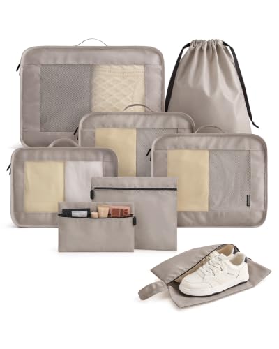 LIGHT FLIGHT 8 Set Packing Cubes for Travel, Durable Travel Essentials for Cruish Ship, Suitcase Organizer Packing Bags (8-Pack 1L+2M+1S+1Shoe bag+2Toiletry Bags+1Laundry Bag) - color: Latte Brown
