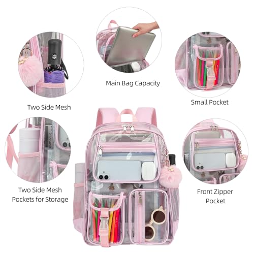 Clear Backpacks for Girls Women, Heavy Duty PVC Transparent School Bookbag See Through Back Pack for College Work Travel (Light Pink) - color: Light Pink