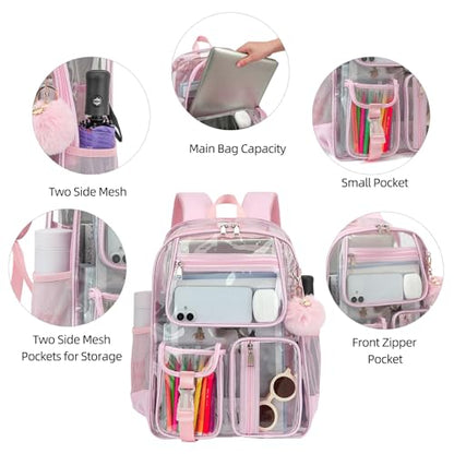 Clear Backpacks for Girls Women, Heavy Duty PVC Transparent School Bookbag See Through Back Pack for College Work Travel (Light Pink) - color: Light Pink