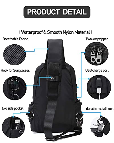 SEAFEW Small Black Sling Crossbody Backpack Shoulder Bag for Men Women, Lightweight One Strap Back Pack Sling Bag Backpack for Hiking Walking Biking Travel Cycling USB Charger Port-Nylon - color: Black-small