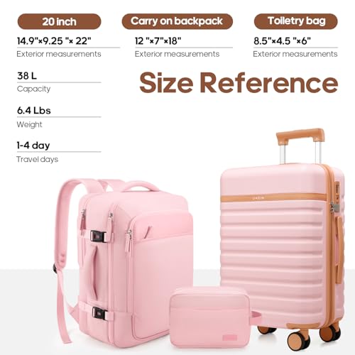UKEIN Luggage Sets 3 Piece, Carry On Luggage 20In With Spinner Wheels,PC Hardside Suitcase Set with TSA Lock,Durable Carry On Suitcase With Travel Backpack for Men (Pink, 3 piece set (20inch)) - color: Pink, size: 3 piece set (20inch)