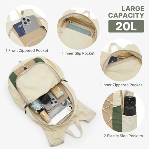 G4Free 20L Hiking Backpack Lightweight Daypack with Phone Pocket Small Packable Foldable Hiking Bag for Women Men, Green+Beige - color: Green+beige