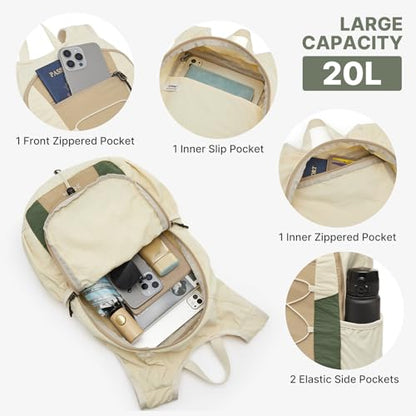 G4Free 20L Hiking Backpack Lightweight Daypack with Phone Pocket Small Packable Foldable Hiking Bag for Women Men, Green+Beige - color: Green+beige
