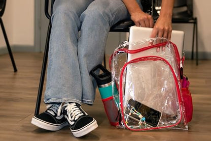 Heavy Duty Clear See Through Backpack | Transparent Clear Backpack Bags Stadium Approved for Women, Men, School, Travel - color: Red