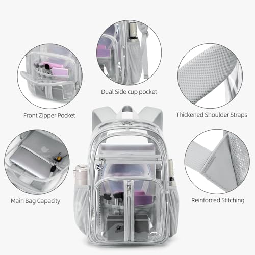 Cusangel XL TPU Clear Backpack Heavy Duty for Stadiums,18in School Bookbag Teens 15+ boys Girls and Adults Multi-Pocket Design & Reinforced Stitching(Grey-18inch) - color: Grey-18inch