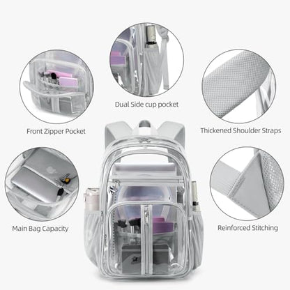 Cusangel XL TPU Clear Backpack Heavy Duty for Stadiums,18in School Bookbag Teens 15+ boys Girls and Adults Multi-Pocket Design & Reinforced Stitching(Grey-18inch) - color: Grey-18inch