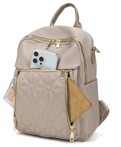 Pealwel Mini Nylon Women Backpacks,Small Ladies backpacks Lightweight Shoulder Satchel Bag Tote Handbag Casual Travel Daypack (Light Khaqi) - color: Light Khaqi