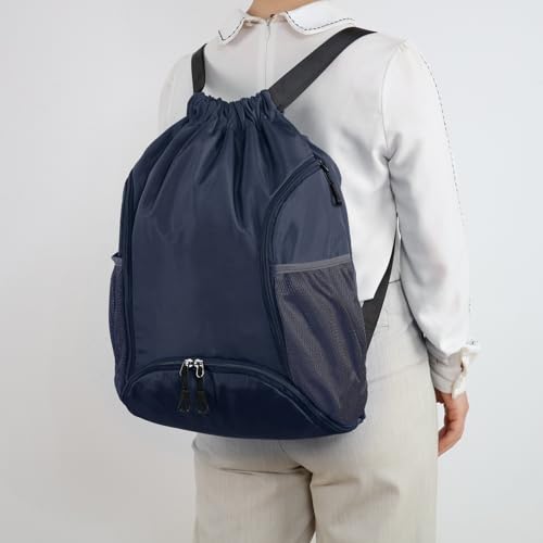 Valleycomfy Sports Gym Bag Drawstring Backpack with Shoes Basketball Bag and Two Water Bottle Holder,Dark Blue - color: Dark Blue