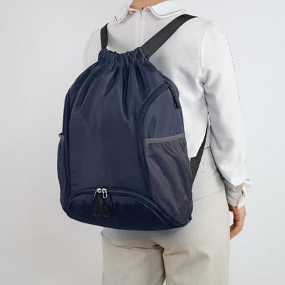 Valleycomfy Sports Gym Bag Drawstring Backpack with Shoes Basketball Bag and Two Water Bottle Holder,Dark Blue - color: Dark Blue