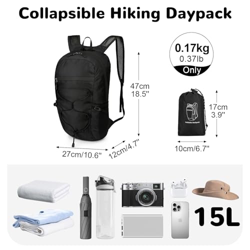 Small Hiking Backpack, 15L Nylon Ultralight Collapsible Backpack - color: Black