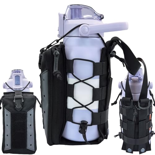 Molle Water Bottle Holder Pouch, 16-77 oz Adjustable Capacity Tactical Bottle Bag, Compatible with Backpack, Vest, Belt for Outdoor Activities - color: Black, style: Enhanced