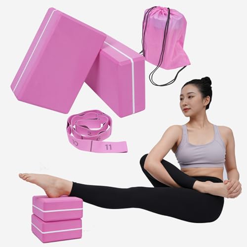 2 Pack Yoga Blocks 350g High Density, Non-Slip EVA Foam Brick with Bonus 11 loops Yoga Strap & Carry Bag, Pilates Block Set for Balance, Flexibility, Meditation, Home Gym & Studio - color: Pink Brick & Pink Band