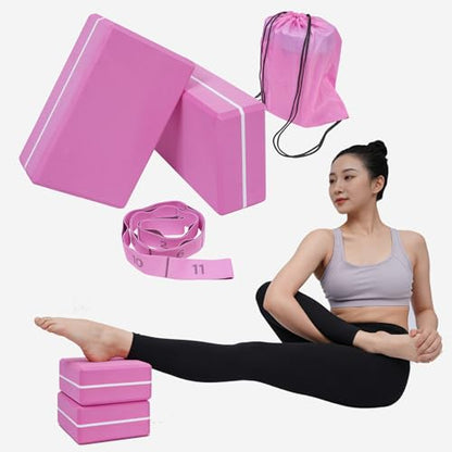 2 Pack Yoga Blocks 350g High Density, Non-Slip EVA Foam Brick with Bonus 11 loops Yoga Strap & Carry Bag, Pilates Block Set for Balance, Flexibility, Meditation, Home Gym & Studio - color: Pink Brick & Pink Band