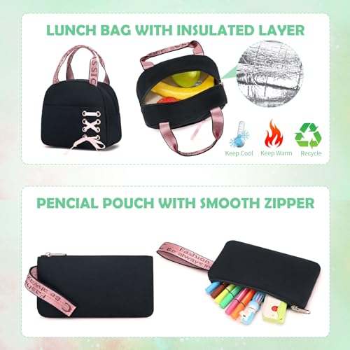 ACESAK Backpacks for Girls, Girls Backpack with Lunch Box and Pencil Case for Teen Kids Elementary Middle High School College Student, Children Backpack Bookbag with USB Charging Port (Black Green) - color: Black & Green