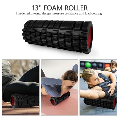 JOYENERGY 5 in 1 Foam Roller Set High Density Foam Roller Patented, Massage Stick, Massage Ball, Resistance Band for Deep Muscle Massage Pilates Yoga, Fitness for Trigger Point Release - color: Pure Black