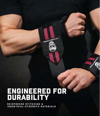 Gymreapers Weightlifting Wrist Wraps (IPF Approved) Professional Quality Wrist Support with Heavy Duty Thumb Loop - Best Wrap for Powerlifting Competition, Strength Training, Bodybuilding - color: Pink