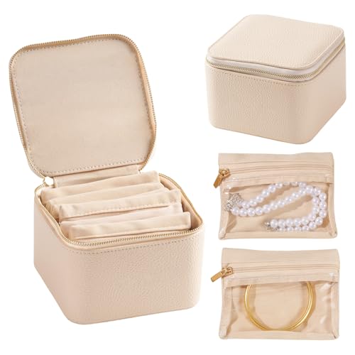 Travel Jewelry Organizer, Travel Jewelry Box with 6 Velvet Zipped Pouches Bags for Jewelries Necklaces Rings Earrings Sorting Storage for Women Girl Gifts, Ivory - color: Ivory - 6 Pouch