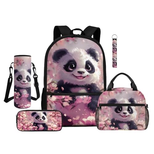 ZDCUSTOM Panda Backpack Set with Lunch Bags for Kids, School Backpack for Girls 1st 2nd 3rd Grade, Elementary Bookbag with Pencil Pouch, Cup Sleeve, Keychain, Pink School Bag for Girls - color: Panda