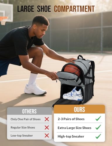Basketball Backpack with Shoe Compartment Large Basketball Bag with Ball Holder for Men Women Gym Backpack fit Volleyball Football for Sports Travel Gym - Grey - color: Grey