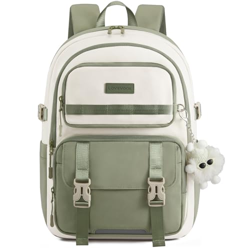 LOVEVOOK School Backpack for Girls, Anti-Sagging Bookbag for Middle High College Back to School, Cute Teen Backpacks with DIY Webbing Fits 15.6" Laptop & 40oz Water Bottle,Green - color: Green, size: 15.6 inch