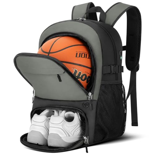 OCKLILY Basketball Backpack - Large Sports Equipment Bag with Ball Holder & Shoe Compartment, Sport Bags for Basketball, Soccer, Volleyball, Gym, School and Travel, 30L - color: Grey