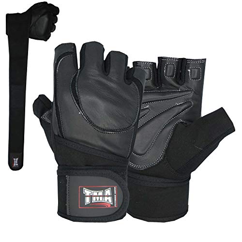 TMA Weight Lifting Gloves for Gym Workout – Cowhide Leather, Long Wrist Support with Anti Slip Palm Protection – Great Grip for Fitness, Bodybuilding, Powerlifting, Strength Training & Exercise - size: X-Large