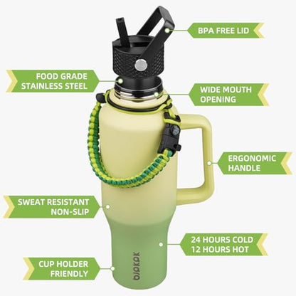 BJPKPK Insulated Water Bottles with Straw Lid, 35oz Metal Water Bottle with 2 lids & Paracord Strap, Double Wall Stainless Steel Tumbler with Handle, Reusable Cups, Mugs, Thermo, Fresh Green - color: Fresh Green, style: 35oz-Side Handle