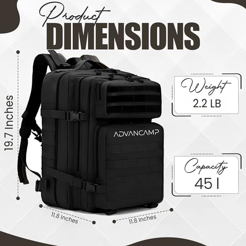 45L Military Tactical Backpack Large Day Pack for Men – MOLLE Rucking Assault Rucksack, Heavy-Duty Water-Resistant Bag for Hiking, Gym, Travel & Outdoor Adventures – Black - color: Black