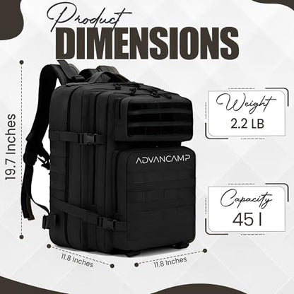 45L Military Tactical Backpack Large Day Pack for Men – MOLLE Rucking Assault Rucksack, Heavy-Duty Water-Resistant Bag for Hiking, Gym, Travel & Outdoor Adventures – Black - color: Black