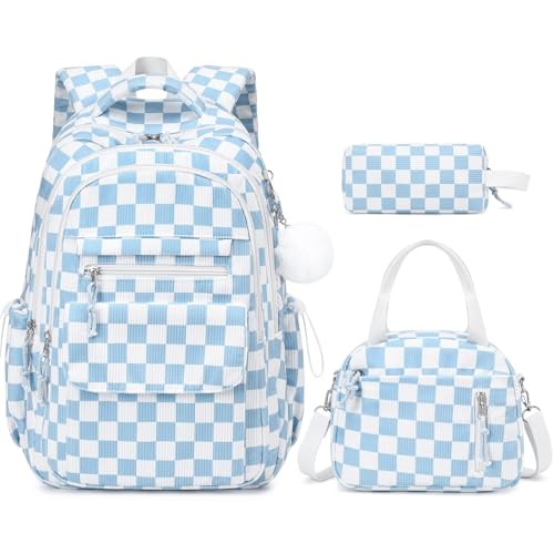 Bevalsa Backpack for Girls, 3PCS Corduroy Kids Backpack Set with Lunch Box & Pencil Pouch, Bookbag Daypack Laptop Bag for Women Teens Elementary Middle High School - color: Blue Checkerboard