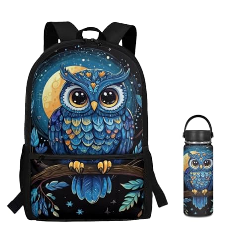 ZOUTAIRONG Blue Owl Print Backpack for School Mini Thermos School Bags for Girls Boys 7-10/10-12/12-16, Fashion Casual Backpack with Side Pockets - color: Blue Owl