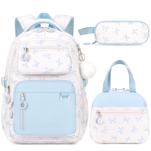 Bevalsa Backpack for Girls 3PCS Teen Girls Bow Backpack for School with Lunch Bag Pencil Case Blue Cute Kids Laptop Backpacks Bookbag for Elementary Middle High School College Student (Bow) - color: Blue Bow
