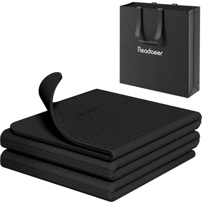 Readaeer Foldable Yoga Mat for Travel Folding Yoga Mat 6mm Thick with Carrying Bag, Non-Slip TPE Exercise Pilates Mat for 72" L x 24" W x 0.24 Inch - color: Black
