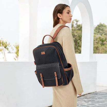 Vegan Leather Laptop Backpack for Women Designer 15.6 Inch PU Laptop Bag, Ladies Travel Computer Work Backpack - color: Black Brown
