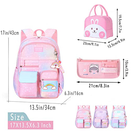 Kawaii Backpack, Cute Girls Backpacks Ages 6-8, Mochila Para Niñas | Pink Backpack with Lunchbag & Pencilcase, Kid Starry Rainbow Aesthetic Bookbag for Girls - color: 3 Pcs-set Blue Kawaii Backpack