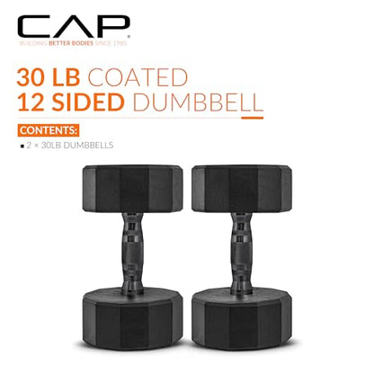 CAP Barbell Coated Dumbbell Weight | Multiple Options Pairs & Sets - size: 30 lb - Pair, style: 12-Sided - Black Handle