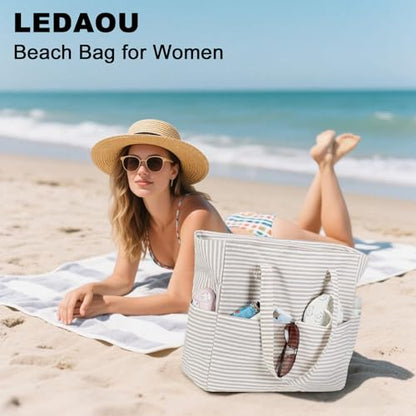 LEDAOU Beach Bag Waterproof Sandproof Women Beach Tote Pool Bag with Zipper for Swim Gym Grocery Travel with Wet Pocket | Sandproof - color: Khaki Stripe