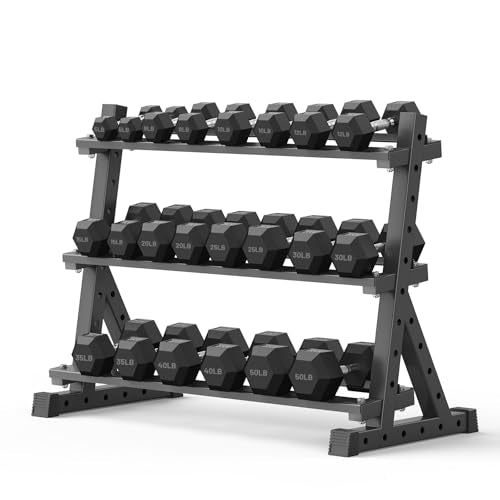 PAPABABE Hex Dumbbell Set with Rack, Rubber Encased Free Weight with Weight Storage Racks, Multiple Weight Options for Home Gym and Fitness - style: 500LB with 3-Tier Weight Rack