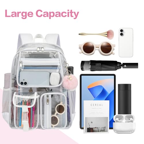 Clear Backpacks for Girls Women, Heavy Duty PVC Transparent School Bookbag See Through Back Pack for College Work Travel (White) - color: White