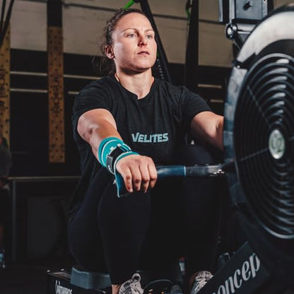 Velites - Official Games Quad Pro Grips - with Chalk - Wristbands Included - Pull-ups, Muscle-ups, and Toes-to-bar - color: LIGHT BLUE, size: X-Large