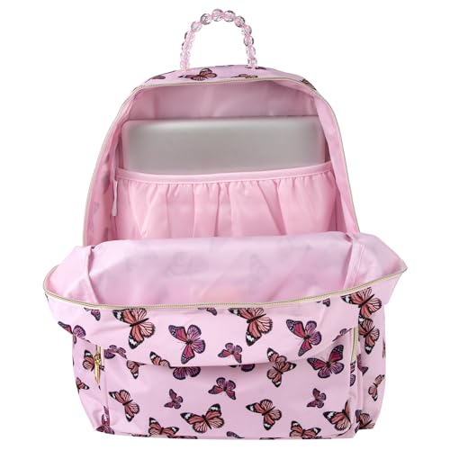 Jessica Simpson Women’s Designer Laptop Backpack with Side Pockets, Padded Straps | Classic Modern Backpack for Women (Beaded Pink Butterflies), Large