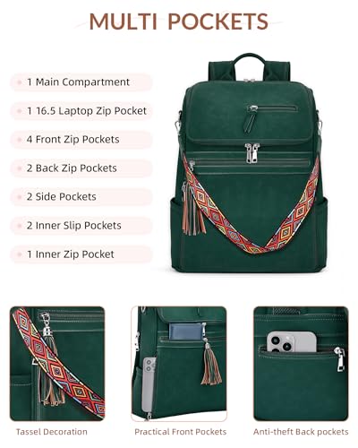 SYTRAH Leather Laptop Backpack for Women Designer Laptop Bag, 16.5 inch Travel Computer Backpacks Purse with Tassel for Work Business with Satchel Purse Green - color: Green