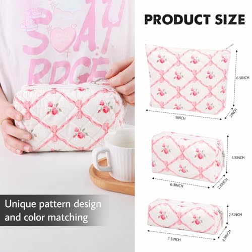 3 Pcs Makeup Bag Cosmetic Bag Set for Girls Women Travel Organizer Bathroom Toiletry Pouch Large Capacity Storage Bag（Pink Ribbon） - color: Pink Ribbon