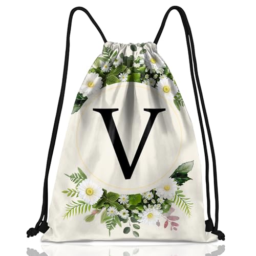 Initial Letter Drawstring Backpack String Sports Gym Bags Waterproof Sackpack Cute for Men Women Beach (13"×17") (Letter-V) - color: Letter-v