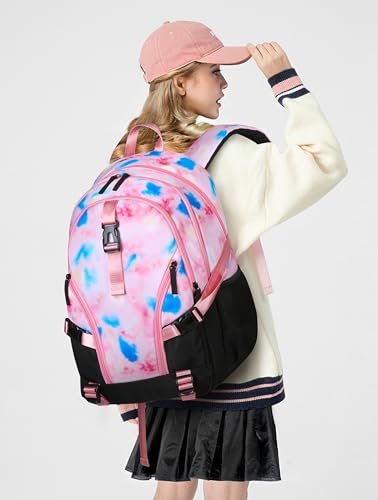 BLUEFAIRY High School Backpack for Girls Boys Middle School Bookbag for Kids Back to School Bag for College with Large Compartment Casual Daypack Mochilas para Niñas Adolescentes 18" Tie Dye Pink - color: Baby Pink