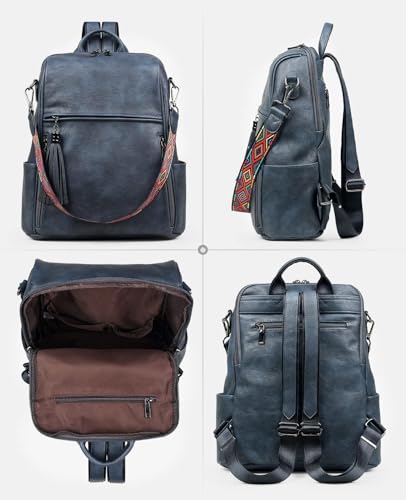 FADEON Leather Backpack Purse for Women Designer Travel Backpack Purses PU Fashion Ladies Shoulder Bag with Tassel - color: 1 Dark Blue Retro Style