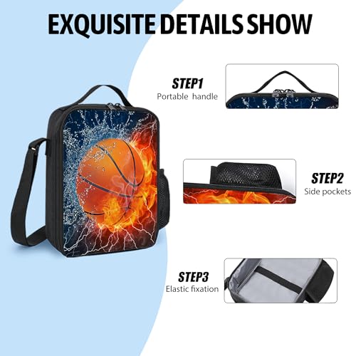 3PCS Basketball Backpack for Boys Girls Teens, School Backpack with Lunch Box Pencil Case for Elementary Middle High Students, 17 Inch Lightweight Bookpack 3 in 1 Set Back to Shool Supplies for Kids - color: Water Fire Basketball S01